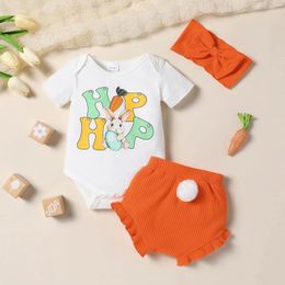 Clothing Sets Born Baby Girls Easter Outfit Infant Short Sleeve Romper Tops Tail Shorts Headband 3Pcs Summer