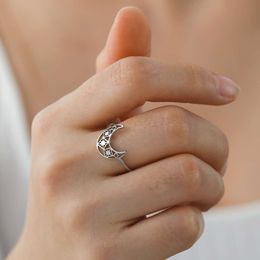 Crescent Moon Lotus Star Ring For Women Vintage Stainless Steel Finger Rings New In Fashion Birthday Jewelry Gifts