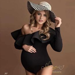 Maternity Dresses New Women Maternity Bodysuit For Photoshoot Pregnant Solid Colour Long Sleeve Ruffles Shoulder Playsuit Premama Photography Props H240518