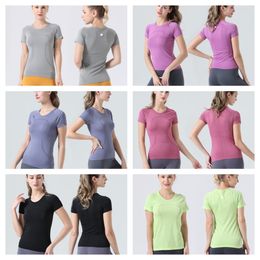 lul Women's Yoga 2.0 Short Sleeve T-Shirt Solid Color Sports Shaping Waist Tight Fitness Jogging Sportswear Blouse Top
