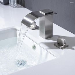 Bathroom Sink Faucets AZOS 8-16 Inch Faucet Deck Mount 3 Holes 2 Handle Waterfall Brushed Nickel