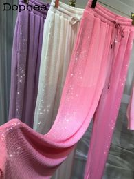 Korean Heavy Embroidery Drilling Pink Casual Pants Women Summer Ice Silk Draping Thin Elastic Waist Wide Leg 240516