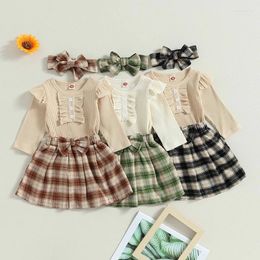 Clothing Sets Fashion Infant Baby Girl Autumn Jumpsuit 3pcs Set Ruffled Long Sleeve Romper Plaid A-line Skirt Headband Children Outerwear