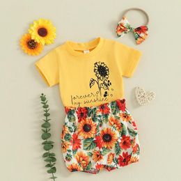 Clothing Sets Baby Girl Summer Outfits Letter Print Short Sleeve T-Shirts Tops Sunflower Shorts Headband 3Pcs Clothes Set