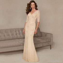 2017 New Elegant Beaed Sequined Pleats V-Neck Mermaid Style Half Sleeve Lace Formal Gowns Champagne Mother of the Bride Dresses Long 01 271k