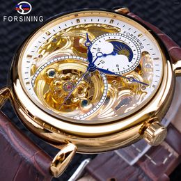 Wristwatches Fashion Forsining Top Gold Brown Leather Moonphase Blue Hand Skeleton Waterproof Men Automatic Mechanical Watches
