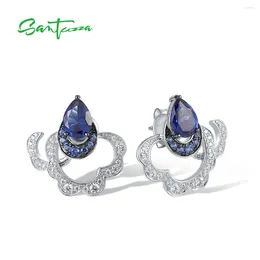 Stud Earrings SANTUZZA Authentic 925 Sterling Silver For Women Sparkling Blue Nano Cubic Zirco Exquisite Wedding Gifts Fine Jewellery