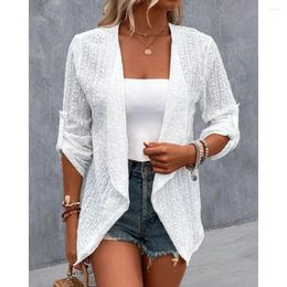 Women's Jackets Autumn Women Eyelet Embroidery Roll Up Long Sleeve Open Front Coat Femme Casual White Lady Daily Outfits Blazer Ceketler