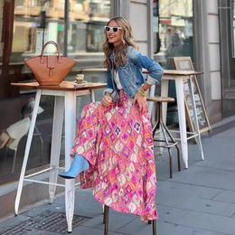 Skirts Women Vacation Skirt Elastic High Waist A-line Big Swing Colorful Print Shirring Patchwork Bohemian Style Ankle Length Beach Lon