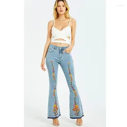 Women's Jeans Women Blue Mid Waist Flare Bell Bottoms Ladies Sexy Stretching Fashion Wide Leg Denim Trousers Flowers Embroidery