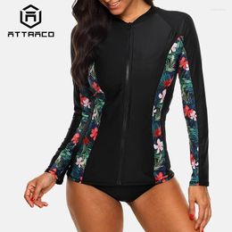 Women's Swimwear Attraco Women Long Sleeve Zipper Rashguard Swimsuit Floral Print Surfing Top Rash Guard Running Shirts UPF50