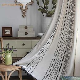 Curtain Cotton Linen Geometric Print With Tassel Window Semi-shading Drapes For Living Room Bedroom Kitchen Door