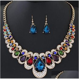 Earrings Necklace Water Drop Sets Crystal Diamond Gold Chandelier For Women Girls Lady Fashion Wedding Accessories Jewelry Set Deliv Dhszr