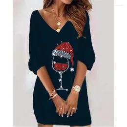 Casual Dresses 2024 Autumn Winter Women's V-neck Long Sleeve Solid Colour Christmas Print Skirt Daily Comfortable
