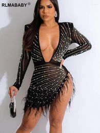 Casual Dresses RLMABABY Deep V Neck Long Sleeve Diamond Pearl Bodycon Mini Dress Sexy Tie Girl See Through Feather Skinny Mesh Short
