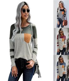 Womens TShirt Striped Pocket Long Sleeve Top Spring Autumn Women Tee Shirts Casual Oneck Female Loose Tops Patchwork Tee6238070