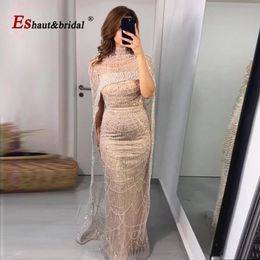 Luxury Pearls Dubai Arabic Evening Graduation Dresses with Cape 2024 Mermaid Long Formal Prom Wedding Party Gowns for Women 240517
