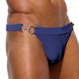 Men's Swimwear Two Side Metal Lock Sexy Men Bikini G String Swimwear Nylon Quick Dry Swim Thong Briefs Male Solid Hollow Out Beach Surfing Suit Y240517