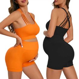 Maternity Tops Tees Maternity Seamless Yoga Set Gym Suits Solid Ribbed Sexy Crops Tops Shorts Pregnancy Women Pants 2 Pieces Outfits Premama Workout H240518