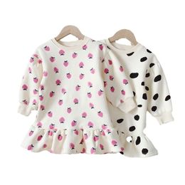 Girl's Dresses Spring and Autumn Sweet Cute Plush Warm A-line Princess Skirts With Ruffles Children Clothes Dobby Wave Dot Flower Bud Skirt