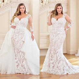 Charming Mermaid Plus Size Lace Wedding Dresses With Detachable Train Sweetheart Neck Long Sleeves Bridal Gowns Sweep Train robe de mar 2976