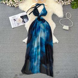 Casual Dresses Bohemian Seaside Vacation V-neck Twisted Sling Dress Sexy Women Slimming Hanging Backless Girl Tie Dye Printed Mesh