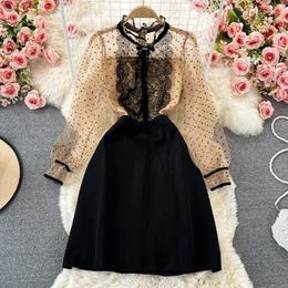 Casual Dresses 2024 Autumn Dress For Women High End Celebrity Style Bow Knot Standing Neck Polka Dot Lace Patched Waist Slim A-line