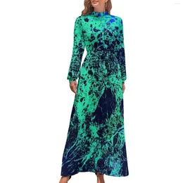 Casual Dresses Blue Green Marble Dress Long Sleeve Abstract Graffiti Pattern Vintage Maxi High Waist Fashion Print Bohemia