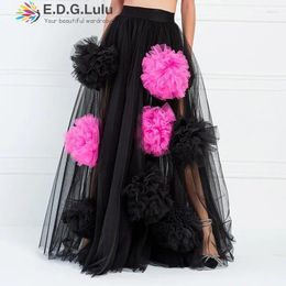 Skirts EDGLuLu Design Mesh Three-Dimensional Flowers Long Skirt For Women Korean Fashion High Waist Black 2024 Summe 0515