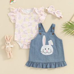 Clothing Sets 2024-12-20 Lioraitiin Cute Baby Girl Easter Outfit Infant Print Short Sleeve Romper Denim Overall Dress Bow Headband Set