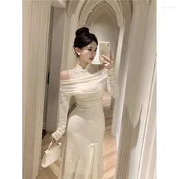 Casual Dresses Chinese Style Lace Dress Flying Sleeve Slit Trumpet Solid White Long Woman Autumn And Winter Women's Elegant