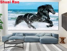 beach black horses diamond embroidery full square round 5d diy diamond painting rhinestone pictures sea animal painting9650539