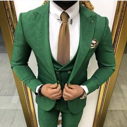 Green Groom Wear Wedding Tuxedos Slim Fit Groomsmen Peak Lapel Business Suits Prom Party 3 pieces set Jacket Pants Tie Vest 244Y