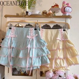 Skirts OCEANLOVE Ruffles Spring Summer Women Japanese Style Bandage Bow Kawaii Faldas Mujer Vintage Cute A-line Mini Skirt