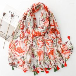 Scarves 2024 Elegant Tulip Flower Printed Cotton Voile With Tassel Women Floral Print Head Wraps Beach Shawls Hijabs