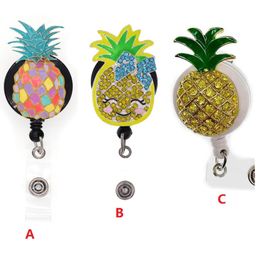 Cartoon Key Rings Fruit Pineapple Rhinestone Retractable ID Holder For Nurse Name Accessories Badge Reel With Alligator Clip2428442