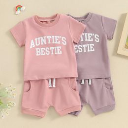 Clothing Sets 2024-01-05 Lioraitiin Toddler Baby Girls Shorts Set Short Sleeve Letters Print T-shirt With Elastic Waist Summer Outfit