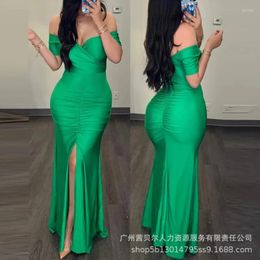 Casual Dresses Off Shoulder Slit Ruched Overlap Bodycon Maxi Dress Women Long Green Camisole Sexy High Wait Evening Party Prom Vestidos