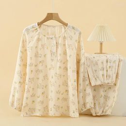 Women's Sleepwear 2pcs Kawaii Clothes Pyjamas For Women Printed Long Sleeve Single Breasted Laple Top Pants Cotton Gauze Pjs