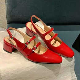 Lovely Sandals Sheep s Genuine Leather Women Summer Mary Janes Shoes Bright Red Medium Square Heels Buckle Belt Closed Toe Sandal Jane Shoe Heel Cloed 532 d ed65 e65