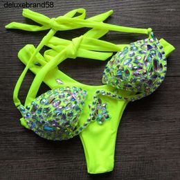 VIKINII Rhinestone Neon Green Bikinis Women 2024 Diamond Push Up Swimsuits Sexy Halter Crystal Swimwear Women Bathing Suits1