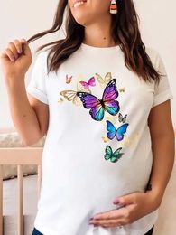 Maternity Tops Tees Womens Pregnant Womens Fashion Butterfly Printed Cotton T-shirt Outdoor Leisure Micro Stretch Breathable Pregnant Womens Top H240518