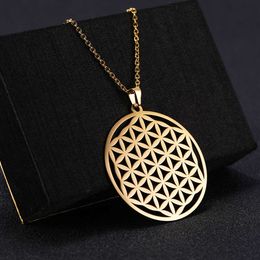 Vintage Flower Of Life Stainless Steel Necklace For Women Viking Round Pendant Long Neck Chain Wicca Amulet Jewelry Gifts