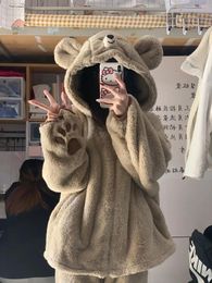 Women's Sleepwear Autumn Winter Cute Bear Ears Coral Fleece Hooded Loungewear Women Sweet Kawaii Warm Homewear Girls Lounge 2PC Set