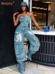 Modphy 2024 Strapless Multi Pocket Perforated Waist Slim Spicy Girl Style Bra Wide Leg Denim Jumpsuit Female Streetwear 240511