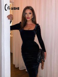 Casual Dresses CNYISHE Elegant Velvet Sexy Club Women Square Collar Long Sleeve Outfits Zipper Sheath Hip Wrap Bodycon Female Vestidos