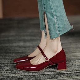 Dress Shoes New Womens Red Black Mary Janes High Quality Leather Low Heel Square Toe Shallow Buckle Strap H240517