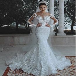 mermaid wedding dress Modern Romantic Gorgeous Long Sleeve Beading Lace Princess Bridal Gown Custom Made Appliques See Through 338j