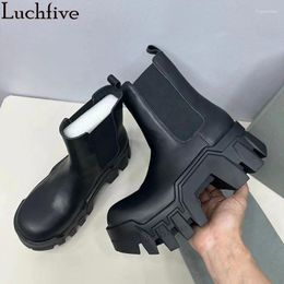 Boots Platform Thick Sole Mid Calf Women Water Proof Non-slip Casual Punk Men 35-46 Plus Size Real Leather Ankle