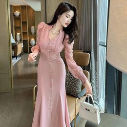 Casual Dresses French V-neck Solid Pink Dress Hook Flower Hollow Chic And Elegant Woman Autumn Winter For Women 2024